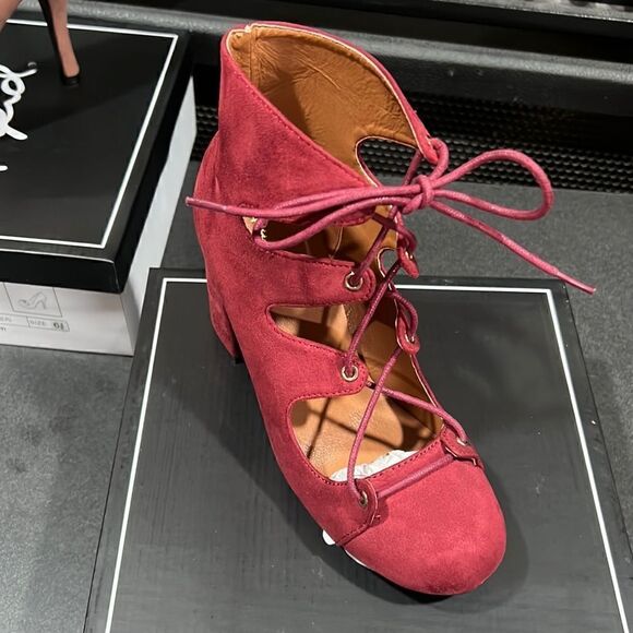 180. Burgundy Faux Suede Platform Unique Retro Block Lace-up Heels Qupid - Picture 4 of 4